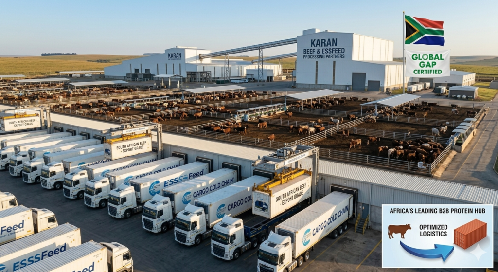 Industrial open-air cattle feedlot and modern processing facility showing refrigerated cargo trucks for global beef export lines.