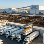 Industrial open-air cattle feedlot and modern processing facility showing refrigerated cargo trucks for global beef export lines.
