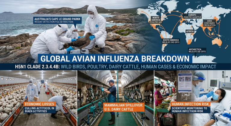 This featured image summarizes the global spread and multifaceted impact of H5N1 avian influenza. It includes an aerial view of scientific surveillance in Australia, a world map highlighting key regional outbreaks, and detailed sections on economic losses in poultry, spillover to dairy cattle, and the risks of human infection.