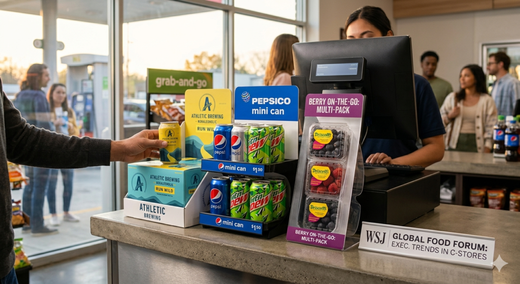 A customer purchasing grab-and-go convenience items at a store checkout counter, featuring mini-can beverage displays and berry multi-packs, reflecting trends discussed at the WSJ Global Food Forum.