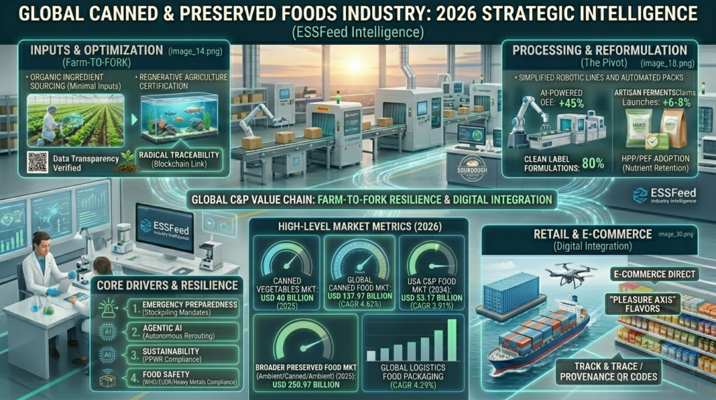 Infographic mapping the 2026 global canned and preserved foods industry value chain, featuring market metrics, regenerative agriculture inputs, HPP/PEF processing innovation, and emergency food security drivers.
