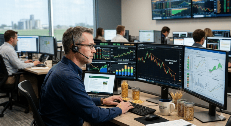 Commodity analyst monitoring corn and soybean futures prices on multiple computer screens at a professional trading desk.