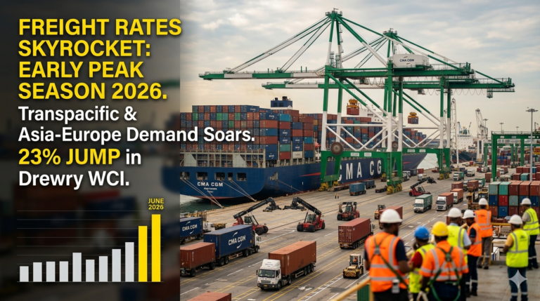 A busy shipping port with a large container ship and cranes, featuring an overlay chart showing a sharp 23% increase in freight rates for June 2026.