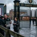 Diageo employees reading news of job cuts outside the St. James's Gate Guinness Brewery in Ireland, June 2026.