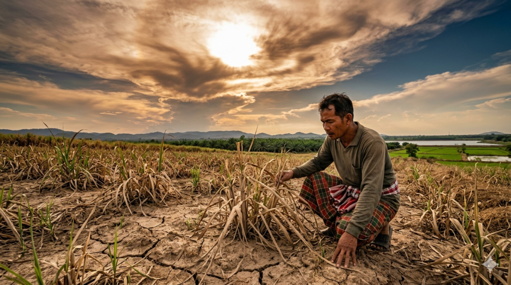 A Southeast Asian farmer examining withered sugarcane crops in a drought-stricken field under a hot, dramatic sky, illustrating the impact of the 2026 El Nino on regional agriculture.