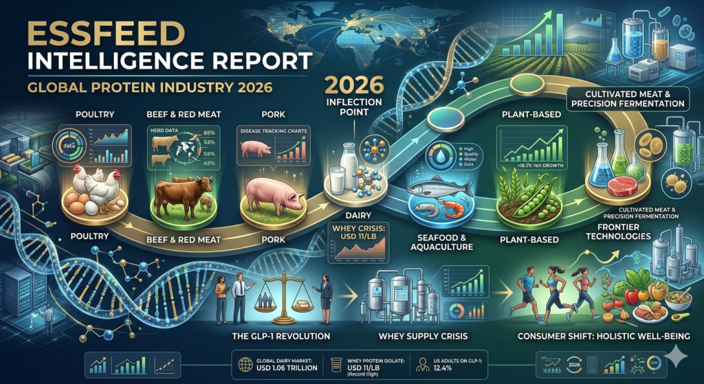 Infographic showing 2026 global protein industry trends, including market growth for poultry, beef, dairy, seafood, plant-based, and cultivated meat, alongside the impact of GLP-1 and the whey supply crisis.