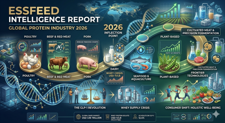Infographic showing 2026 global protein industry trends, including market growth for poultry, beef, dairy, seafood, plant-based, and cultivated meat, alongside the impact of GLP-1 and the whey supply crisis.