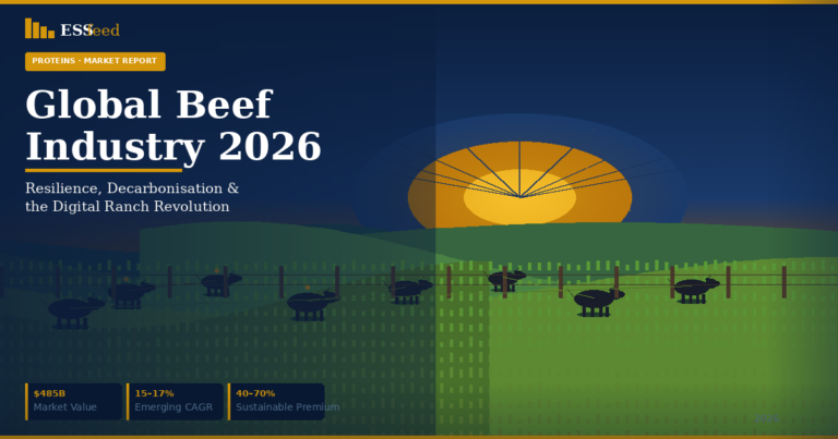 Global beef industry 2026 market report — $485B market, decarbonisation and digital ranch revolution. ESSFeed Proteins Intelligence.