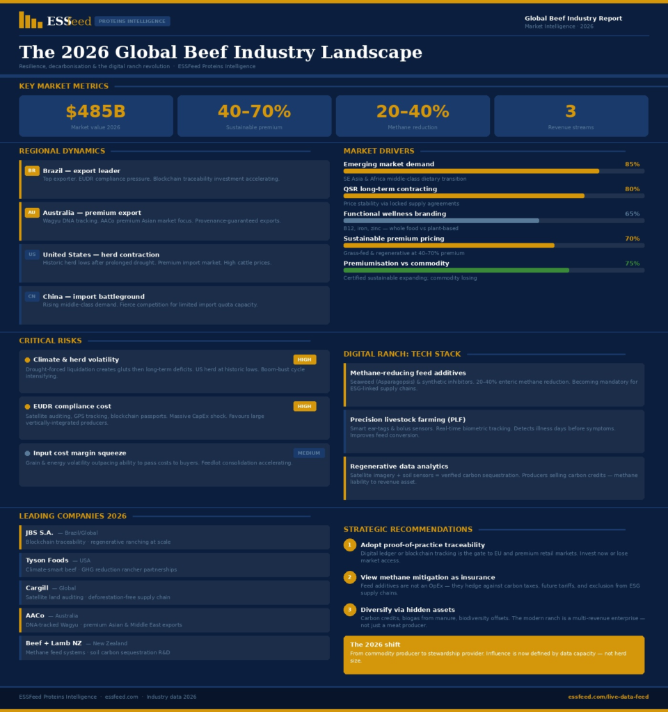 Infographic: ESSFeed global beef industry report 2026 — $485 billion market, regional dynamics, digital ranch technology, critical risks and strategic recommendations for stakeholders