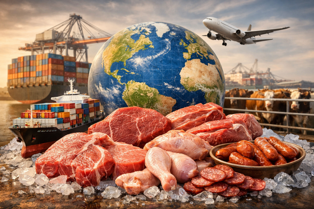 ESSfeed featured image showing global meat trade impact — raw beef, pork, and chicken on ice with cargo ship, airplane, and globe symbolizing EU restrictions on Brazilian meat exports.