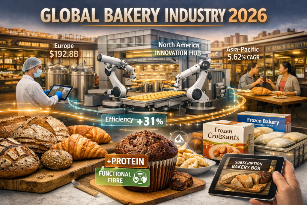 ESSfeed featured image showing the 2026 global bakery industry, highlighting sourdough, protein fortification, frozen bakery growth, and smart factory automation.