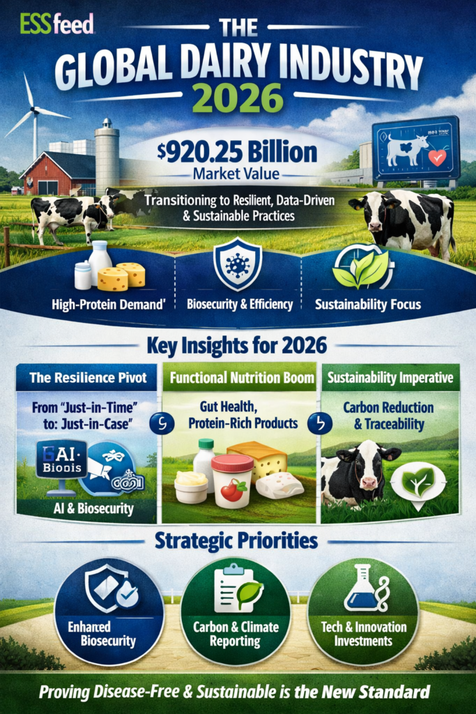 ESSfeed infographic illustrating 2026 global dairy industry trends, highlighting resilience, sustainability, and functional nutrition with data-led visuals.