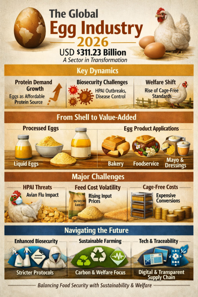 ESSfeed infographic illustrating the 2026 global egg industry transformation, showing protein demand growth, biosecurity challenges, and cage-free transition.