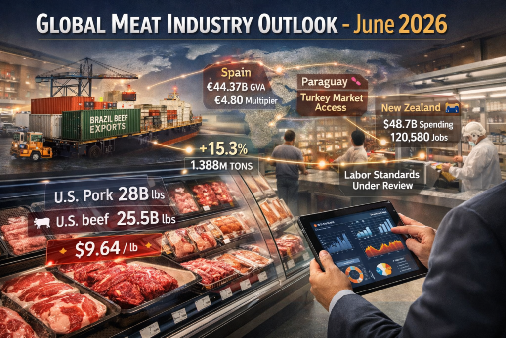 ESSfeed featured image showing the 2026 global meat industry outlook, highlighting U.S. pork vs beef production, Brazil’s export surge, Spain’s economic multiplier, and New Zealand’s red meat sector impact.