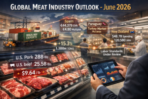 ESSfeed featured image showing the 2026 global meat industry outlook, highlighting U.S. pork vs beef production, Brazil’s export surge, Spain’s economic multiplier, and New Zealand’s red meat sector impact.