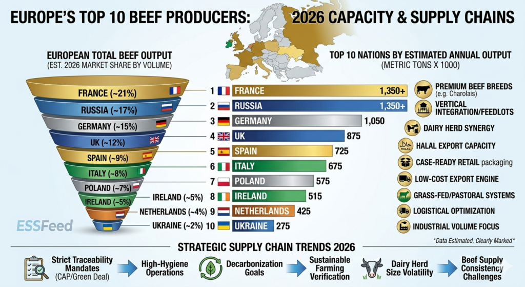 Infographic data chart mapping out the top 10 largest beef producing countries in Europe by carcass yield data, market share, and 2026 supply chain trends.