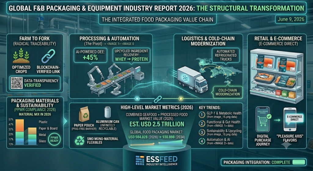 Infographic of the 2026 food packaging value chain, mapping farm-to-fork traceability, AI-driven processing, PPWR material compliance, and global packaging market growth from $564B to $930B.