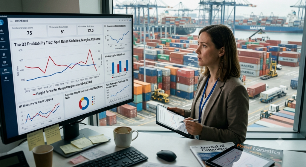 Business analyst reviewing a logistics dashboard showing freight forwarder margin compression and container freight rate trends in 2026.