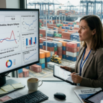 Business analyst reviewing a logistics dashboard showing freight forwarder margin compression and container freight rate trends in 2026.
