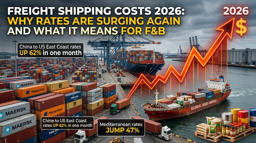 A graphic showing a 2026 freight rate index chart overlaying a busy commercial port, illustrating the sharp increase in shipping costs for the food and beverage industry, with a 62% rate increase highlighted.