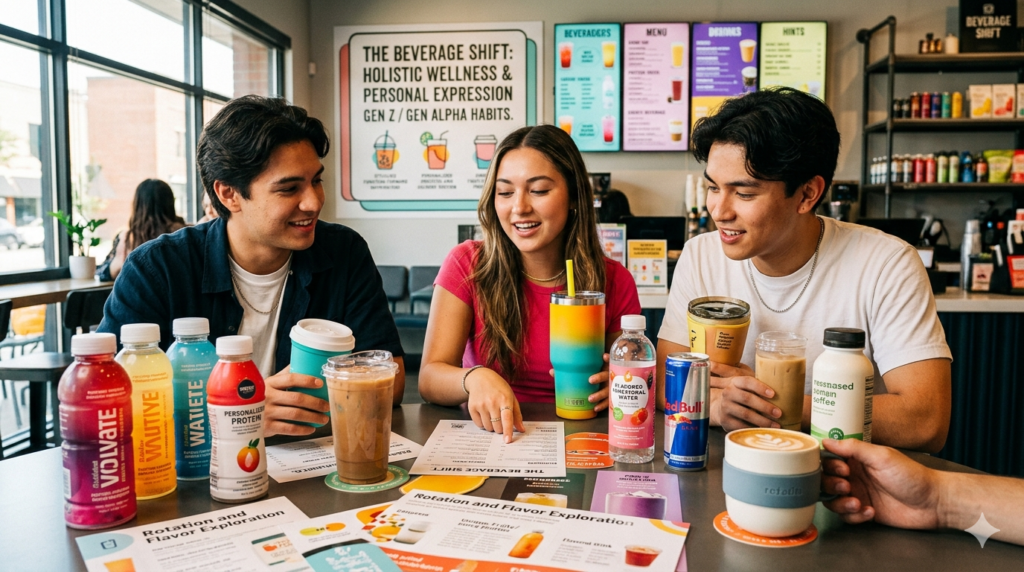 A group of Gen Z and Gen Alpha consumers in a cafe, reviewing a 2026 beverage trend report while sampling various functional drinks and coffee options.