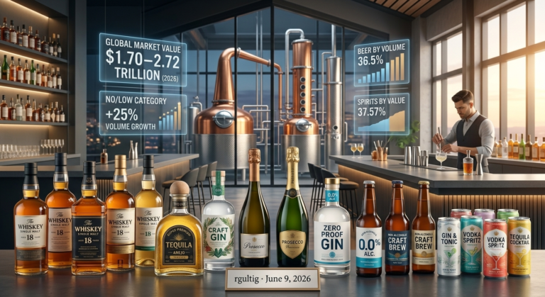 A premium featured image illustrating the 2026 global alcohol market inflection point, displaying bottles of aged single malt whiskey, premium tequila, craft gin, Prosecco, non-alcoholic spirits, and spirits-based RTD cans set against a modern distillery background with data panel overlays.