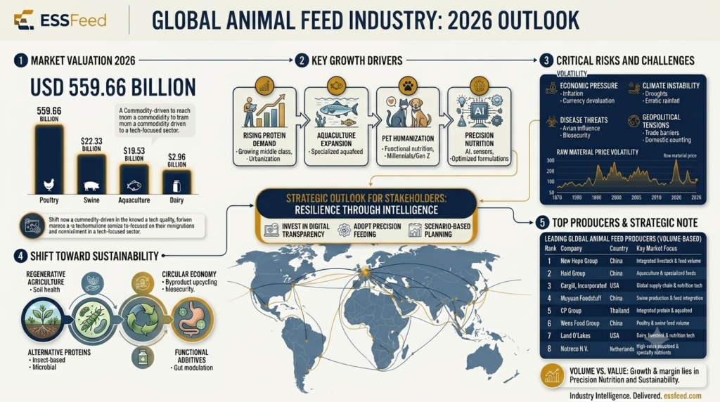 Infographic showing the 2026 global animal feed industry valuation of 559.66 billion USD, key growth drivers like aquaculture, and leading global producers.