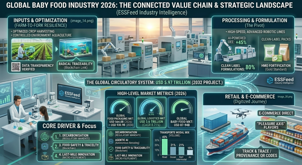 Infographic mapping the 2026 global baby food industry value chain, showing market metrics, farm-to-fork resilience, HMO fortification, and retail distribution trends.