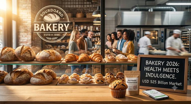 A visual index to the transformation of the bakery sector in 2026. The scene anchors the traditional appeal by putting artisanal sourdough and laminated pastries in sharp, sun-drenched foreground focus.