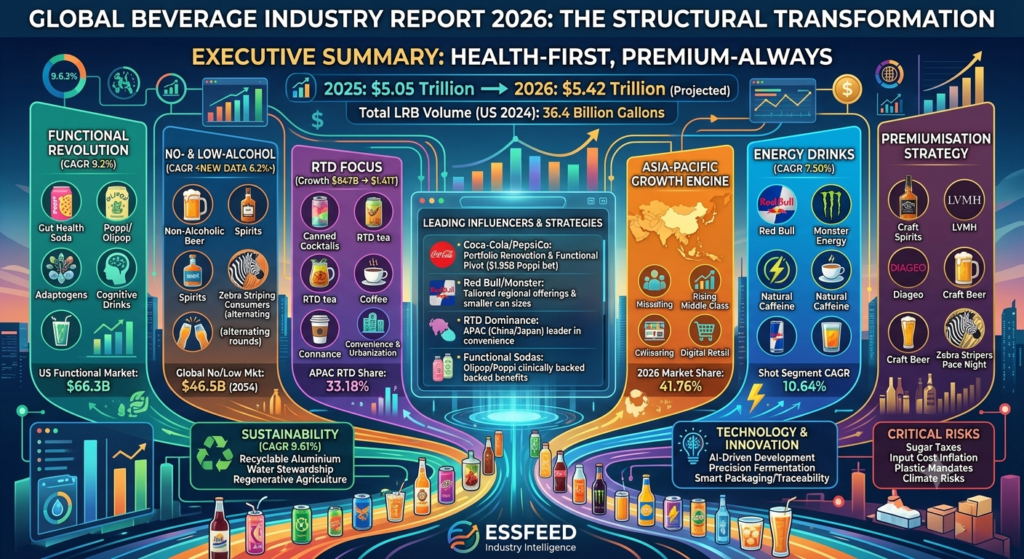 Infographic displaying the 2026 global beverage industry landscape, covering functional beverages, no-and-low alcohol growth, RTD trends, and market projections reaching $5.42 trillion.