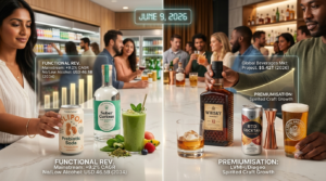 Split-screen infographic visualizing 2026 global beverage industry trends: functional prebiotic soda, no-and-low alcohol spirits, and premium whiskey, representing the market's USD 5.42 trillion growth.