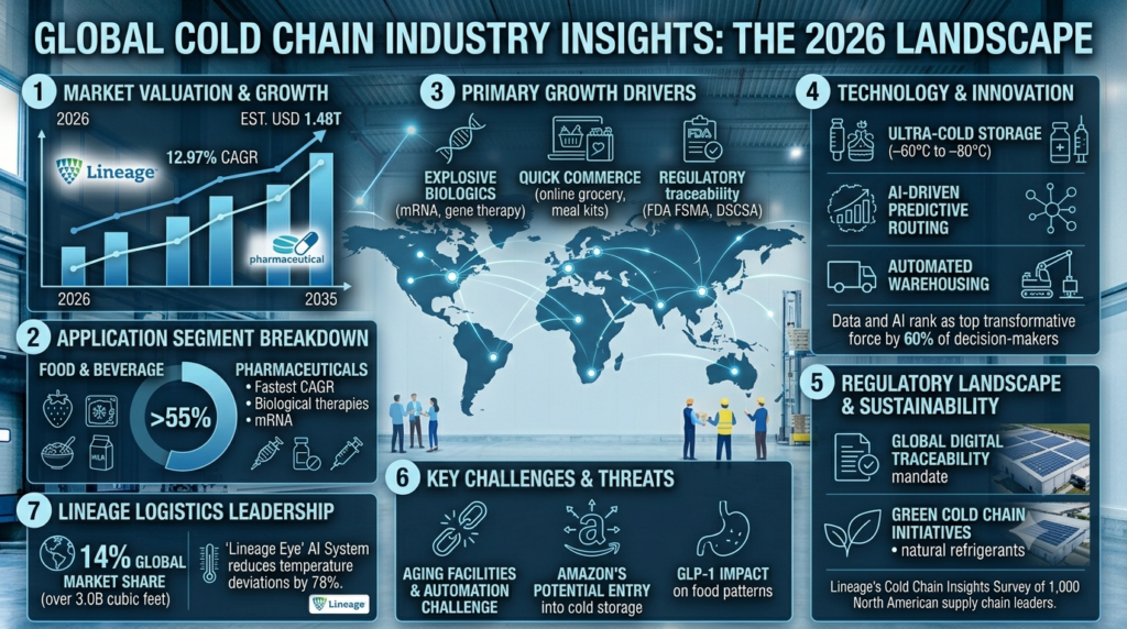Infographic illustrating the 2026 global cold chain industry landscape. Key data points include a projected market growth to USD 1.48 trillion by 2035, the dominance of food and beverage (>55%) and the rapid growth of pharmaceutical cold chain for mRNA and biologics. It highlights Lineage Logistics' market leadership (14%), the impact of AI and automation, regulatory traceability mandates, and industry threats such as aging facilities and the entry of major e-commerce players.