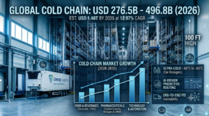 Infographic-style featured image for the 2026 global cold chain industry report, illustrating foundational infrastructure. A realistic view of a Lineage Logistics reefer truck at an automated sub-zero warehouse bay. A clean graph shows cold chain market growth from 2026 to 2035, breaking down food vs. pharmaceutical segments. A sidebar details ultra-cold requirements for biologics (−60°C to −80°C) and AI-driven predictive routing. Text overlays specify the market valuation range of USD 276.5B to 496.8B in 2026.