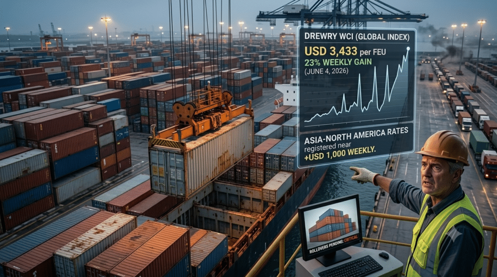 Container terminal logistics manager pointing at a Drewry WCI (Global Index) chart showing a massive 23% weekly gain to USD 3,433 per FEU, alongside a screen warning 'ROLLOVERS PENDING: CRITICAL'.
