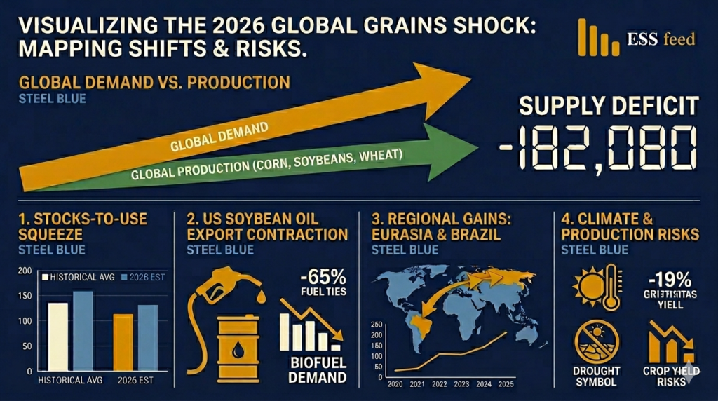 A data-dense infographic visualizing the Global Crops and Grains Market 2026 outlook. Charts illustrate the supply/demand gap, US soybean oil export contraction due to biofuel demand, Brazilian logistical expansion, and Eurasian market share gains.