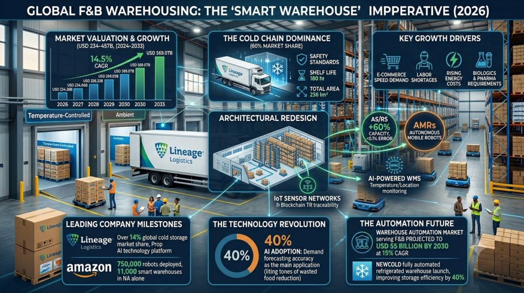 Infographic illustrating the global F&B warehousing industry’s 'Smart Warehouse' imperative in 2026. Data highlights the market growth from USD 234 billion toward USD 1 trillion by 2030, cold chain dominance (60%), and the architectural redesign driven by ASRS, AMRs, and AI-powered WMS. Includes milestones for industry leaders like Lineage Logistics and Amazon's robotic deployments.