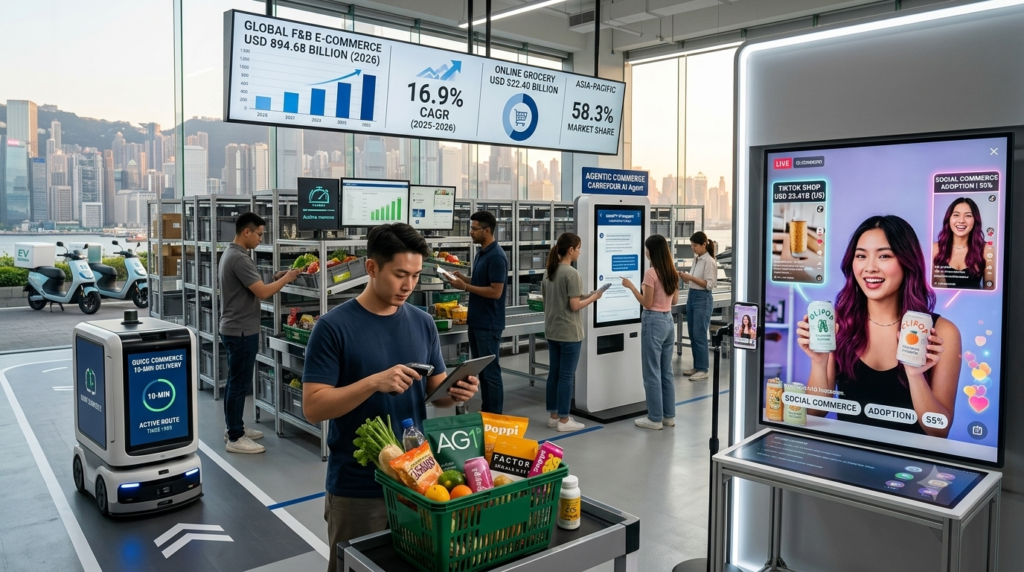 A realistic visualization of the 2026 food and beverage e-commerce landscape, showing an automated micro-fulfillment dark store, an autonomous delivery robot, a Carrefour ChatGPT AI shopping kiosk, and a TikTok Shop livestream commerce display.