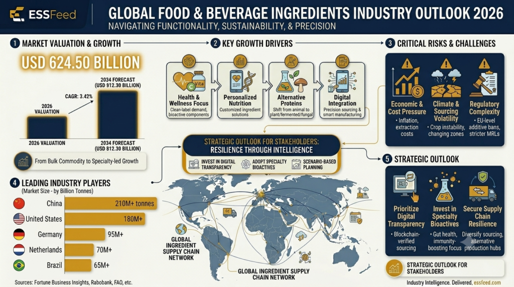Infographic displaying the 2026 global food and beverage ingredients market valued at USD 624.50 billion, featuring key growth drivers like personalized nutrition, alternative proteins, and global supply chain networks.
