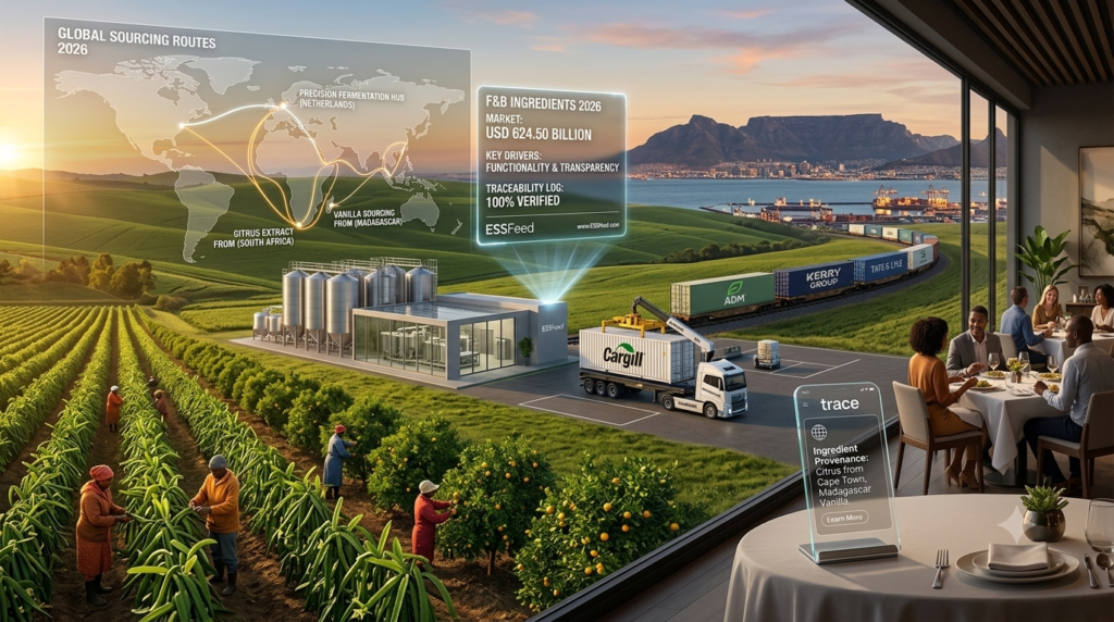 Infographic visualization of the global food and beverage ingredients industry in 2026, showing farm-to-fork supply chains, ingredient provenance, precision fermentation, and digital traceability.