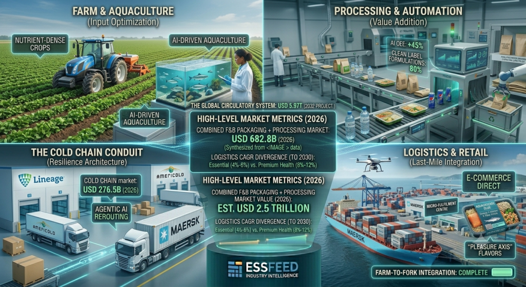 Infographic visualization of the 2026 global food and beverage supply chain, showing farm input optimization, automated factory processing, cold chain logistics, and container shipping, representing a $2.5 trillion market integration.
