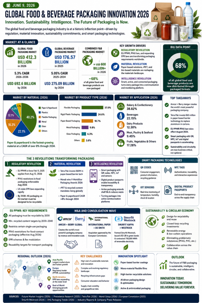 Global food and beverage packaging market 2026 infographic showing sustainable packaging, PPWR regulation, paper-based materials, smart packaging, and market growth data