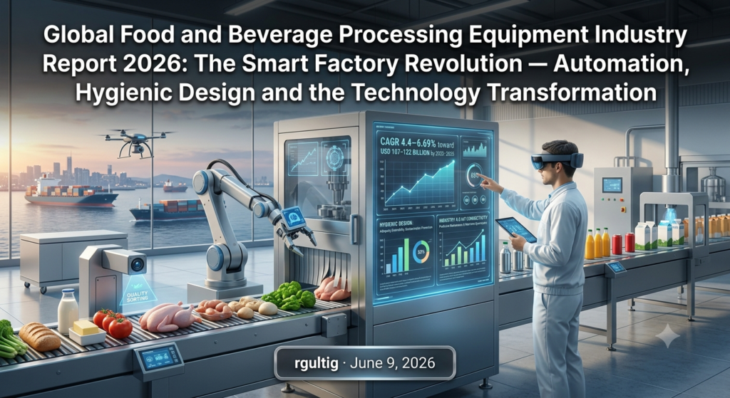 Professional industry report graphic visualizing the global food and beverage processing equipment market in 2026, showing an automated smart factory with robotic quality inspection, real-time digital twin monitoring via AR, and key growth projections for automated processing.