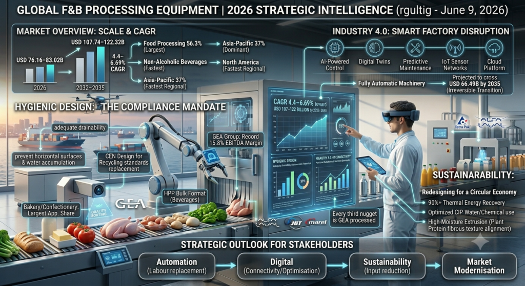 Strategic B2B infographic mapping the 2026 food and beverage processing equipment market, detailing CAGR growth (4.4-6.69%), Industry 4.0 smart factory disruptions, hygienic design compliance standards, and sustainable circular economy engineering metrics.