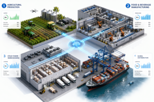 Global food and beverage supply chain infographic showing agriculture, food processing factory, cold-chain warehouse, and international shipping port connected by digital technology.
