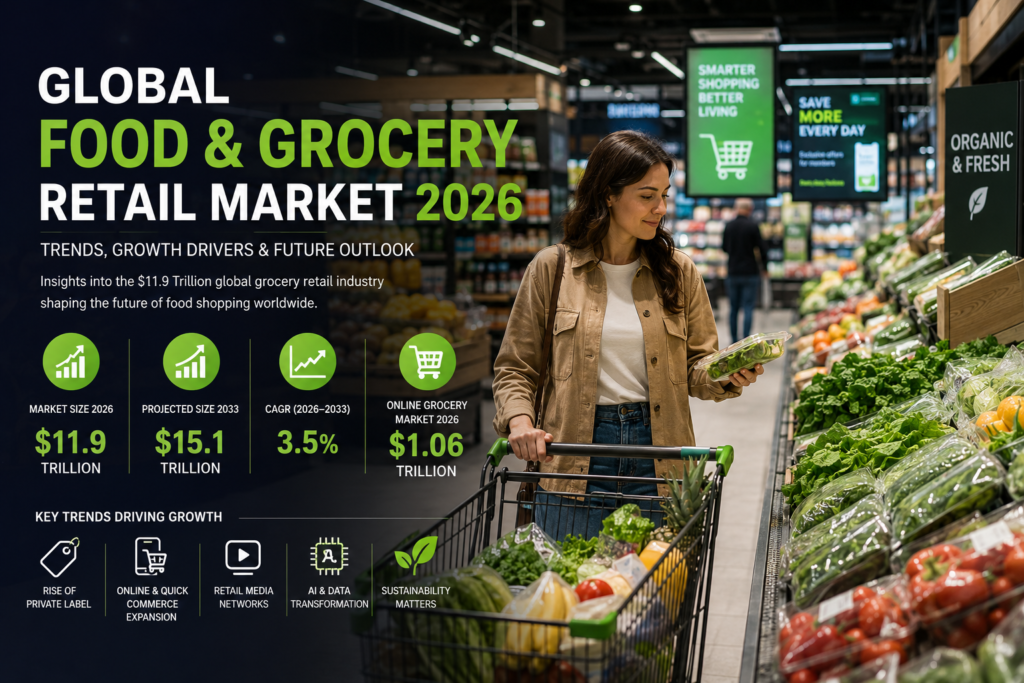 Global food and grocery retail market 2026 featuring a modern supermarket shopper, fresh produce section, digital retail technology, online grocery growth, AI-powered shopping, and sustainability trends.