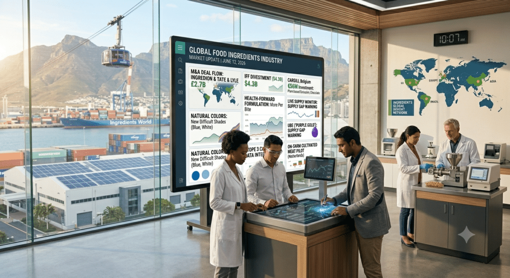 Food industry professionals in a laboratory setting reviewing a digital dashboard displaying global ingredients market data, M&A activity, and formulation trends.