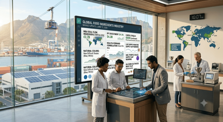 Food industry professionals in a laboratory setting reviewing a digital dashboard displaying global ingredients market data, M&A activity, and formulation trends.