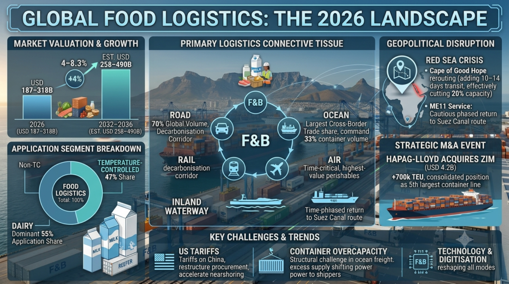 Infographic illustrating the global food logistics market landscape in 2026. It highlights market valuation between USD 187 billion and USD 318 billion, segment breakdown including temperature-controlled (47%) and dairy (55%), and the multi-modal logistics network (road, rail, air, ocean). Key industry trends include the Red Sea crisis impact on shipping capacity, Hapag-Lloyd’s acquisition of ZIM, and the influence of US tariffs on global food trade flows.