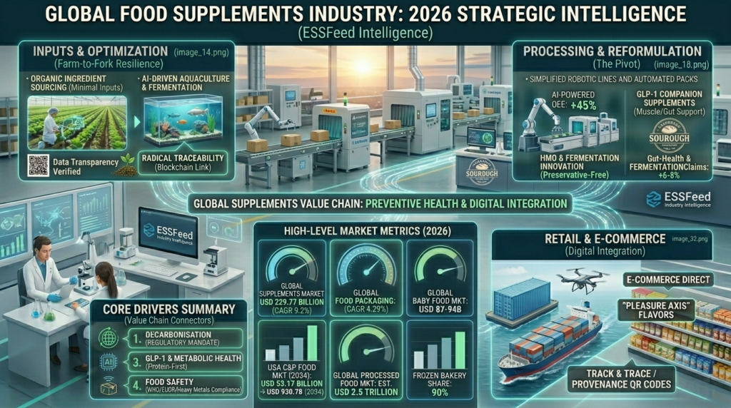 Infographic mapping the 2026 global food supplements industry, detailing the shift from reactive vitamins to AI-powered personalized nutrition, GLP-1 companion supplement demand, and market growth projections.