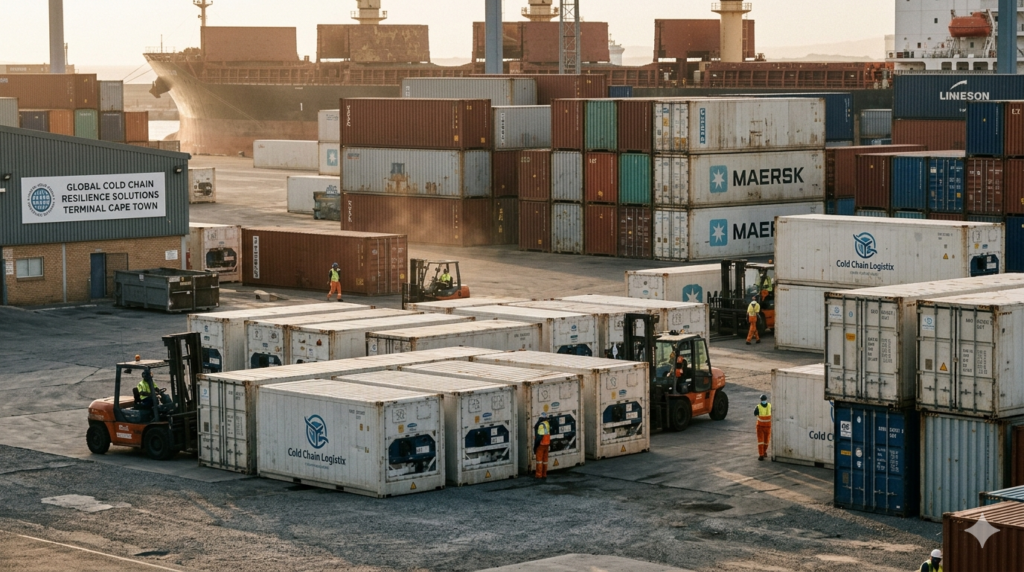 Industrial shipping terminal in Cape Town showing refrigerated containers for cold chain logistics, representing global food supply chain resilience.